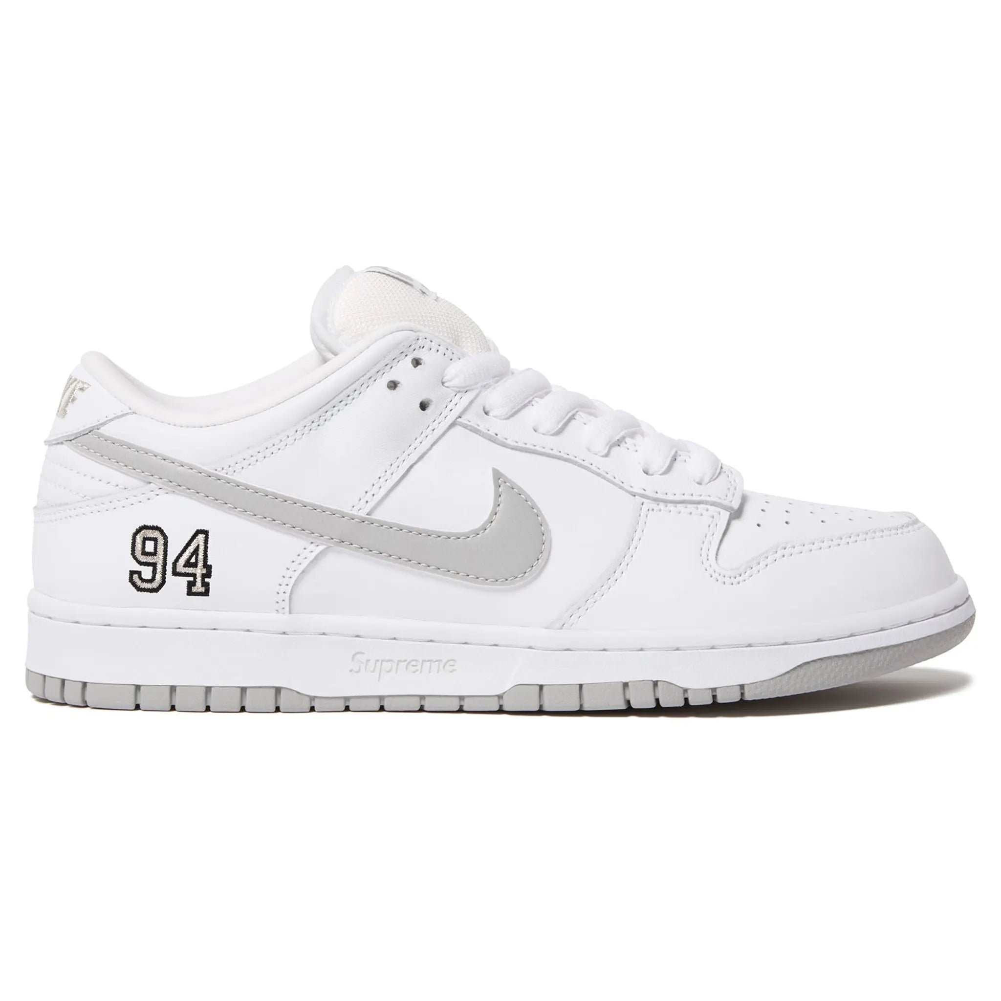 Side View of Supreme x Nike SB Dunk Low White HQ8487-100